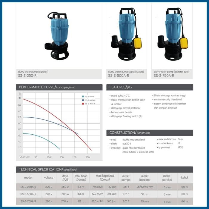 Pompa Celup Waterplus SS-S-750A 750 watt Slurry Pump Agitator Air Tanah dan Pasir Pompa celup Waterplus SS-S-750A slurry pump agitator air tanah dan pasir – foto 5