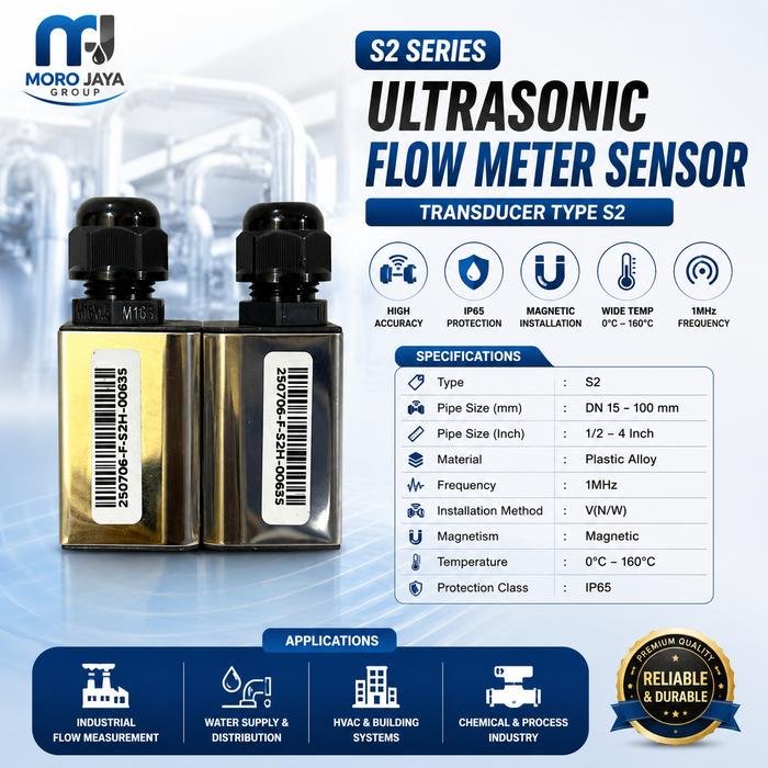 Transducer Ultrasonic Flow Meter S2 DN15-DN100 mm Suhu 0-160 C Transducer ultrasonic flow meter S2 untuk pipa DN15–DN100 mm (1/2–4 inci)