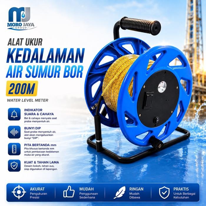 Water Level Meter 200 Meter Alat Ukur Kedalaman Air Sumur Bor Probe Stainless Water level meter 200 meter alat ukur kedalaman air sumur bor probe stainless
