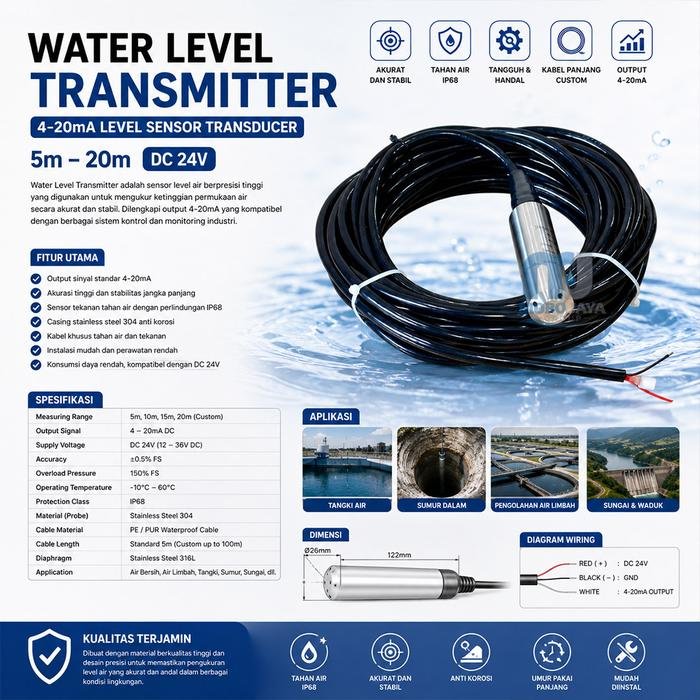 Water Level Transmitter 4-20mA Kabel 10 Meter DC 24V IP68 Water level transmitter 4-20mA kabel 10 meter DC 24V